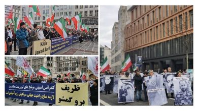 Des Iraniens sympathisants de l'OMPI se rassemblent contre la présence de Zarif à la Conférence de Munich sur la sécurité