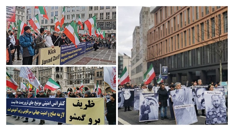 Des Iraniens sympathisants de l'OMPI se rassemblent contre la présence de Zarif à la Conférence de Munich sur la sécurité