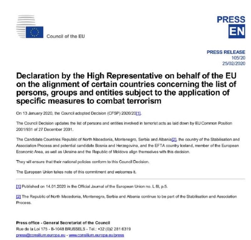 Albanie et sept autres pays s'alignent en faveur de la liste des sanctions de l'UE contre le régime iranien