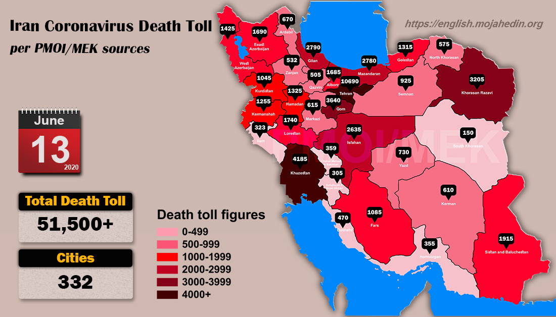 Iran : plus de 51.500 décès dus au coronavirus dans 332 villes Mis à jour AU 13 Juin 2020, 18H00