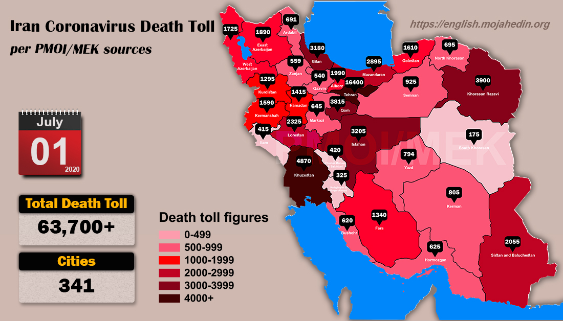 L’Organisation des Moudjahidine du peuple d’Iran (OMPI / MEK) a annoncé dans l’après-midi du 1er juillet que le nombre de décès dus au Covid-19 dans 341 villes d’Iran dépasse les 63.700.
