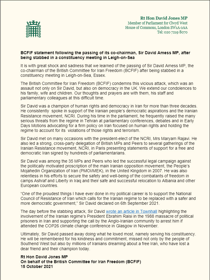 Déclaration du Comité britannique pour la liberté en Iran (BCFIF) à la suite du meurtre du député David Amess