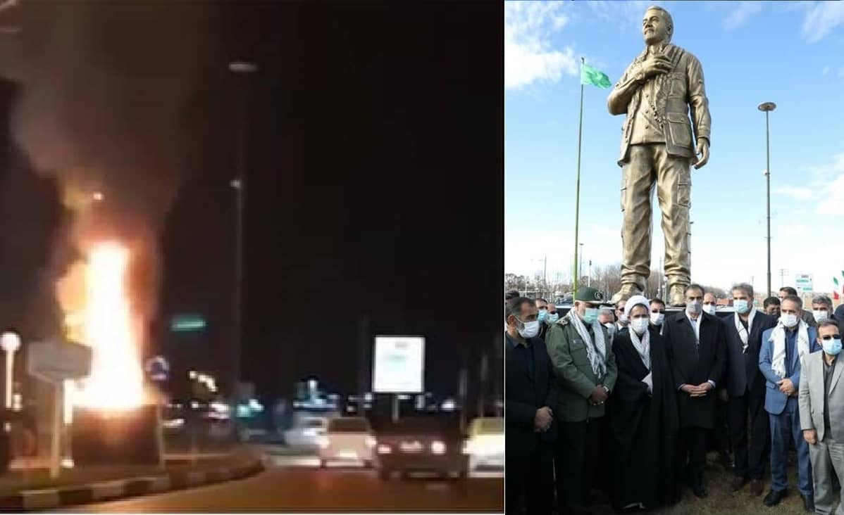  Des unités de résistance incendient la statue de Qassem Soleimani à Shahrekord quelques heures après son inauguration