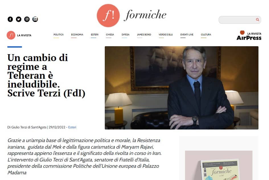 Iran – Le changement de régime à Téhéran est inévitable, sénateur Giulio Terzi