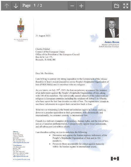 Le député canadien James Bezan s’oppose fermement à la répression exercée par Téhéran contre les membres de la Résistance iranienne