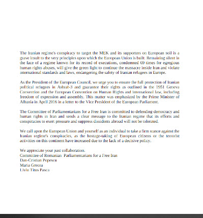 Les députés roumains demandent à l’UE de condamner les complots du régime iranien contre l’opposition