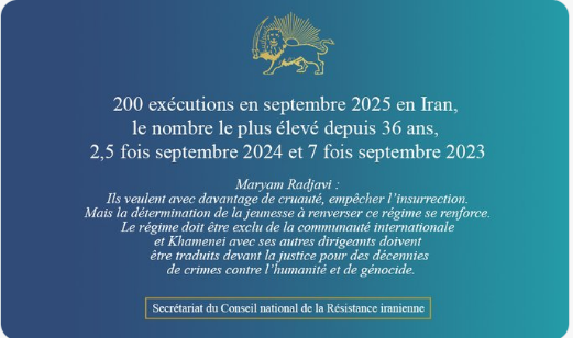 200 exécutions en septembre 2025 en Iran, le nombre le plus élevé depuis 36 ans, 2,5 fois septembre 2024 et 7 fois septembre 2023
