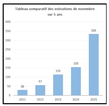 Novembre 2025 : le plus sanglant en 37 ans, avec 335 exécutions dont 7 femmes, et deux pendaisons barbares en public