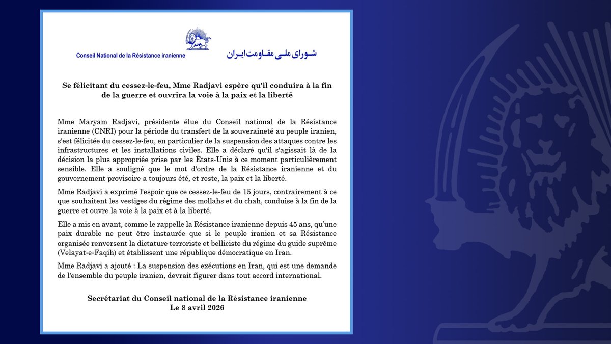 Se félicitant du cessez-le-feu, Mme Radjavi espère qu’il conduira à la fin de la guerre et ouvrira la voie à la paix et la liberté